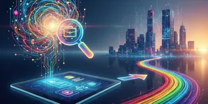 Futuristic city with rainbow road