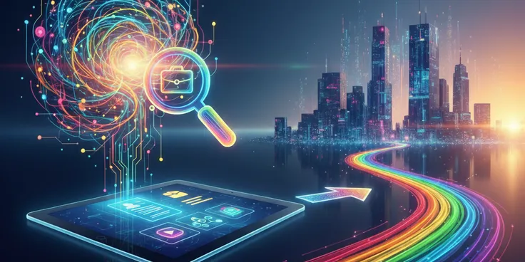 Futuristic city with rainbow road