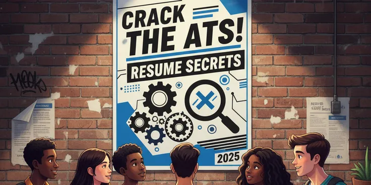 Students reading a large poster about ATS resume formatting in 2025